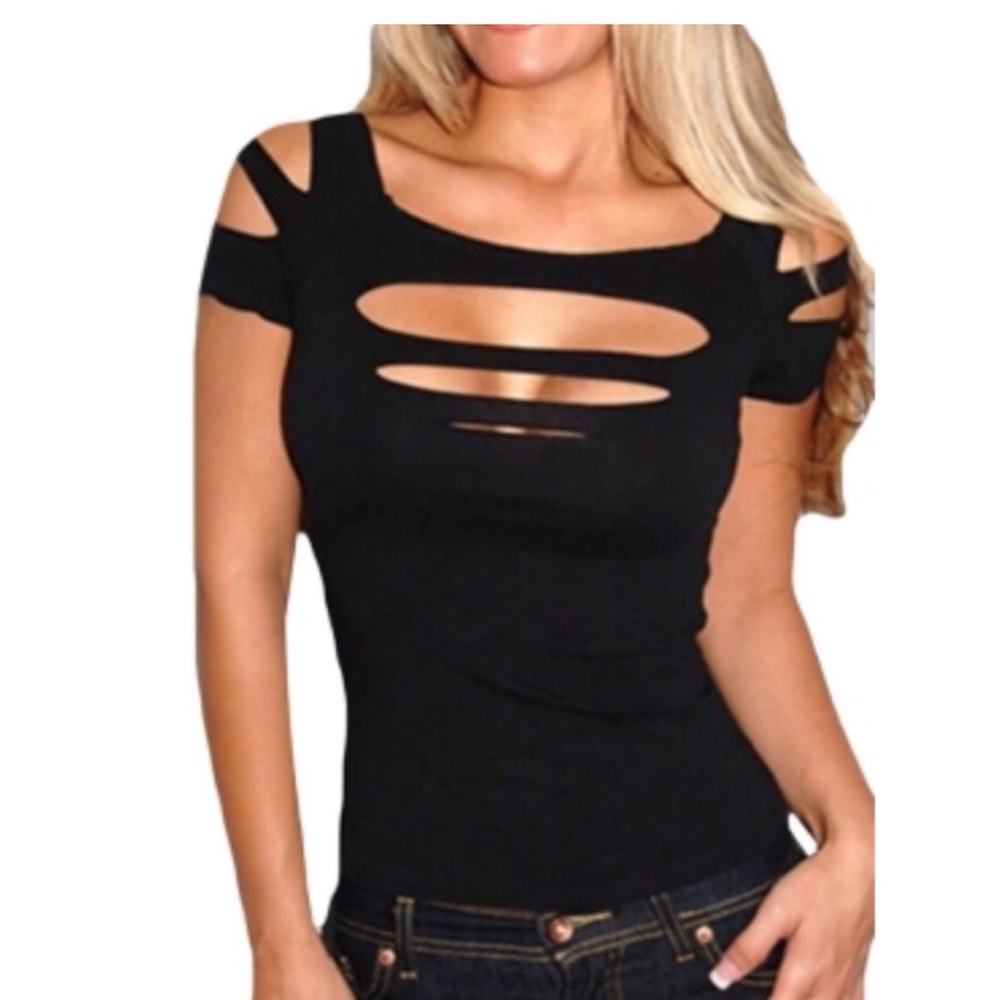 Black sexy cut up tee stretchy material